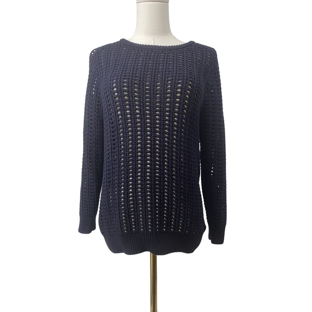 Lilla P Cotton Blend Open Knit Sweater Womens Medium Pullover Sheer Navy Blue